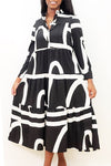 Formal Dresses Long Sleeve Tiered Cotton Midi Dress Black White