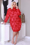 Cocktail Dresses Long Sleeve Fringe Feathered Lavish High Neck Short Dress Red