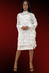 Cocktail Dresses Long Sleeve Fringe Feathered Lavish High Neck Short Dress White