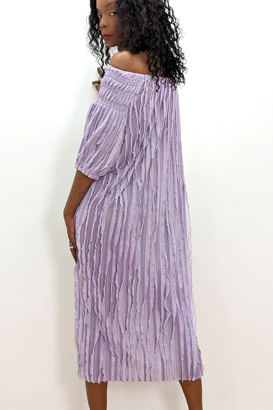 Cocktail Dresses Half Sleeve Off Shoulder Wrinkled Midi Dress  Violet