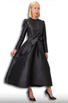 Formal Dresses Long Sleeve Wrap Belt Pockets Satin Midi Dress Black