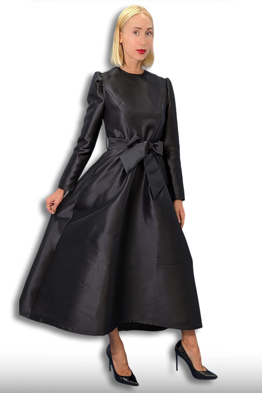 Formal Dresses Long Sleeve Wrap Belt Pockets Satin Midi Dress Black