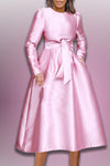 Formal Dresses Long Sleeve Wrap Belt Pockets Satin Midi Dress Pink