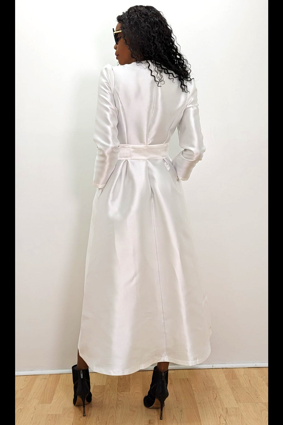 Formal Dresses Long Sleeve Wrap Belt Pockets Satin Midi Dress White