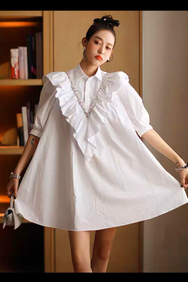 Cocktail Dresses Half Sleeve Rhinestones Collar Ruffle Short Dress White