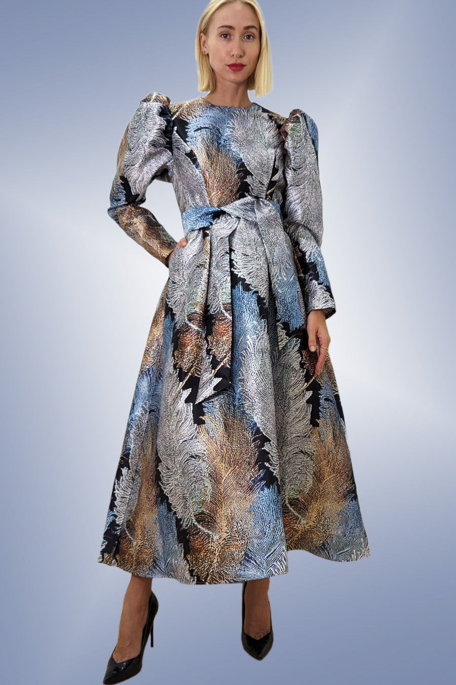 Formal Dresses Puff Long Sleeve Wrap Belt Pockets Dress Silver Blue