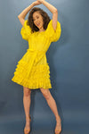 Cocktail Dresses Puff Sleeve Ruffle Wrap Belt Short Dress Yellow