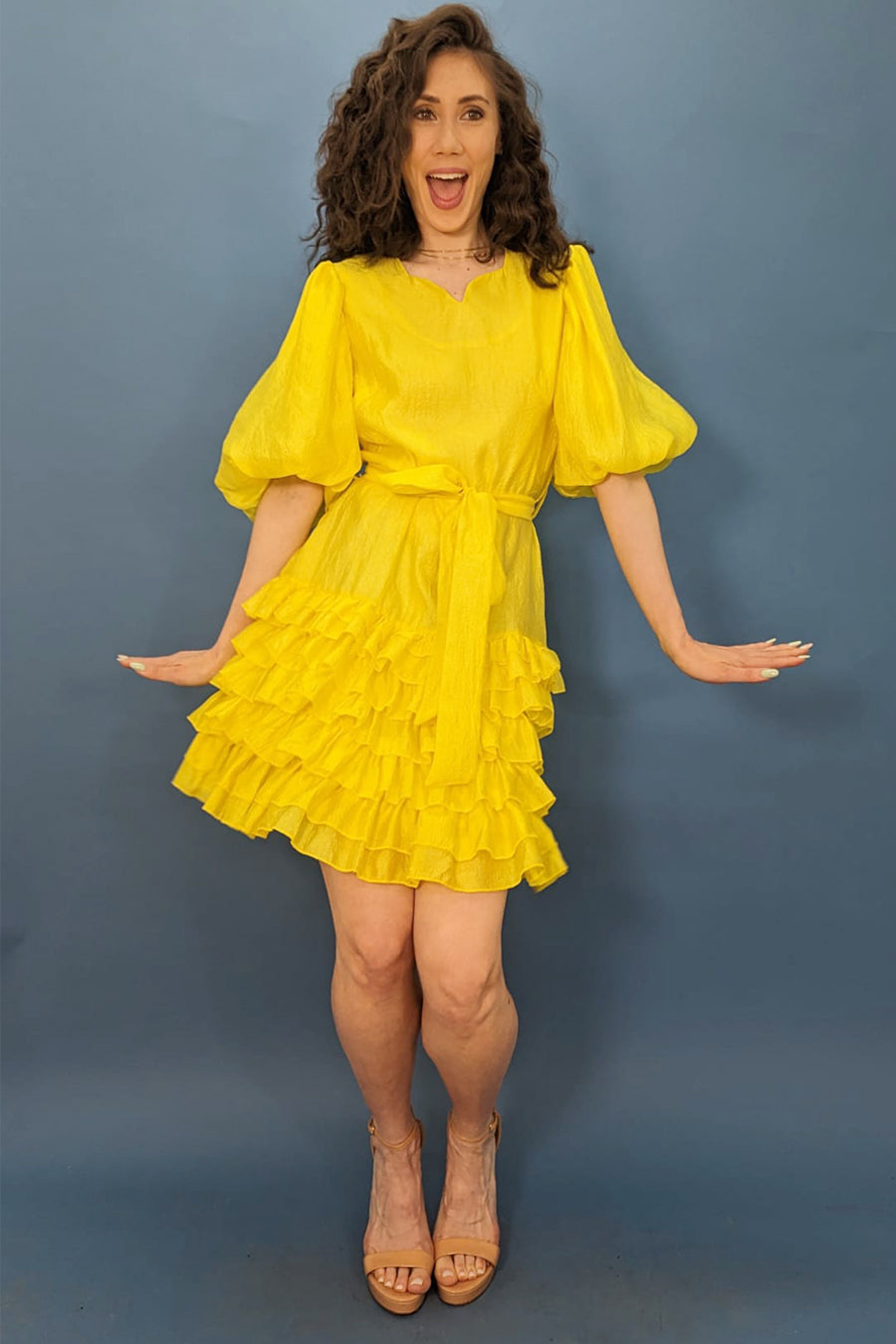 Cocktail Dresses Puff Sleeve Ruffle Wrap Belt Short Dress Yellow