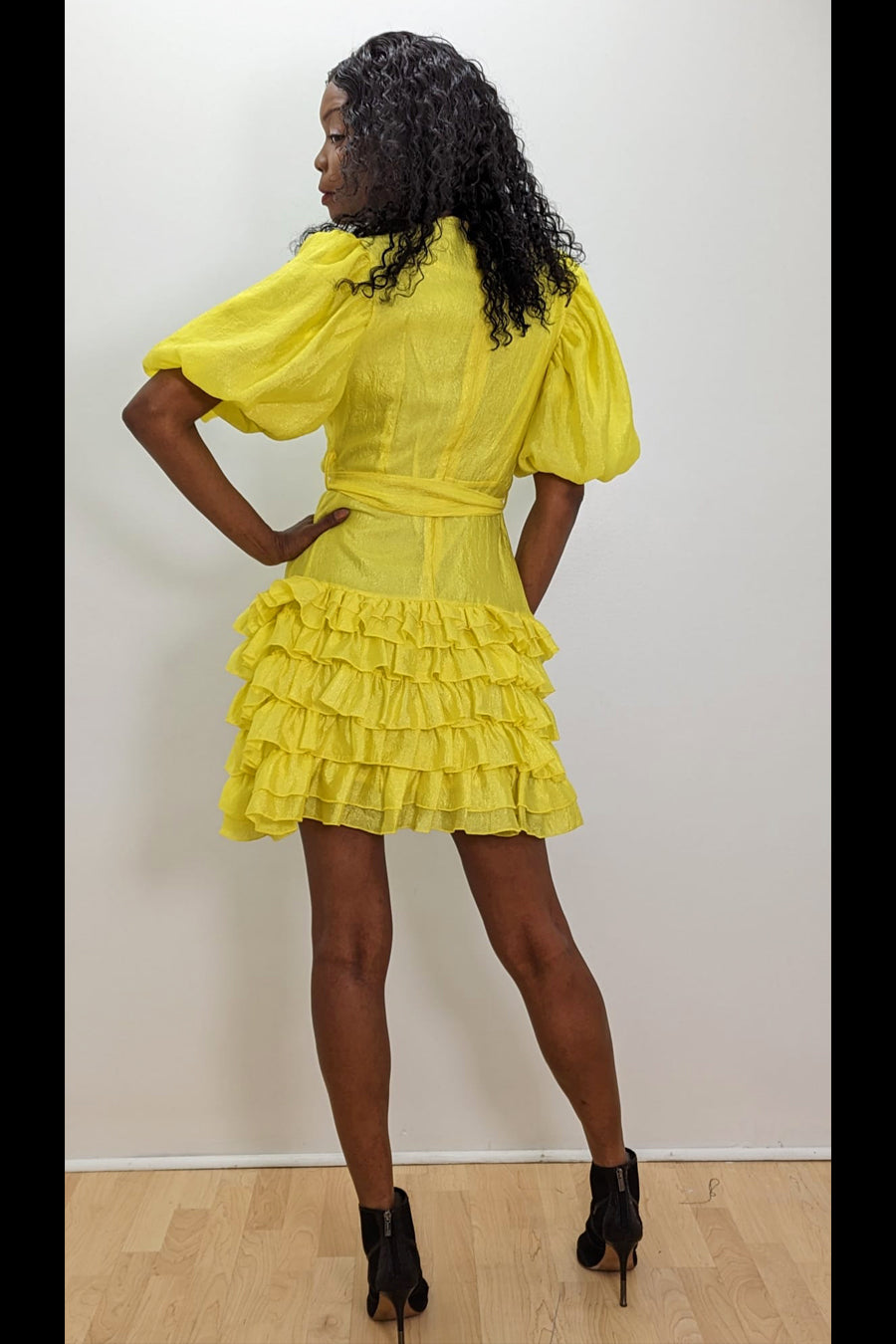 Cocktail Dresses Puff Sleeve Ruffle Wrap Belt Short Dress Yellow