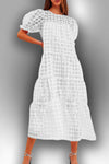 Cocktail Dresses Short Puff Sleeve Gridded Layered Midi Dress White