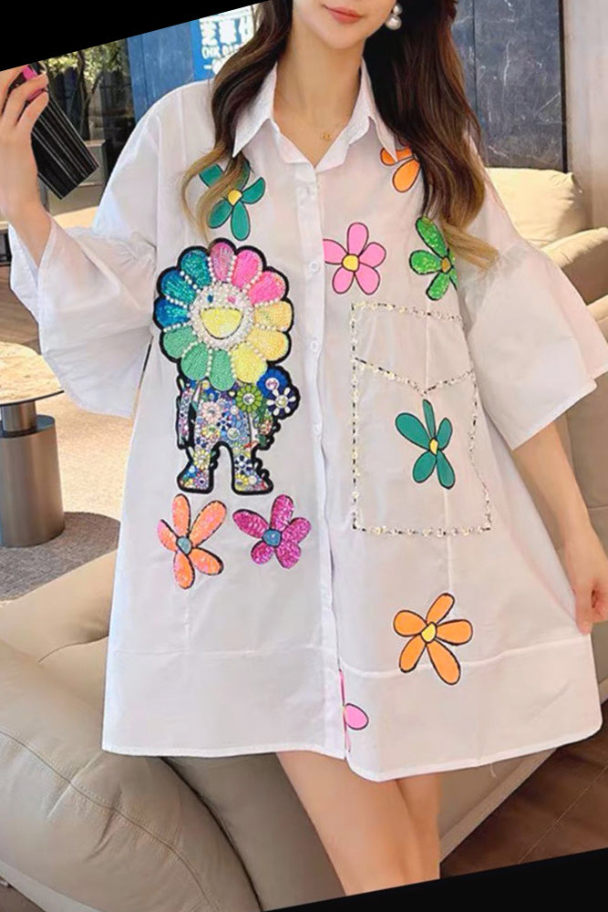 Formal Dresses Short Sleeve Embellished Petals Print Cotton Dress White