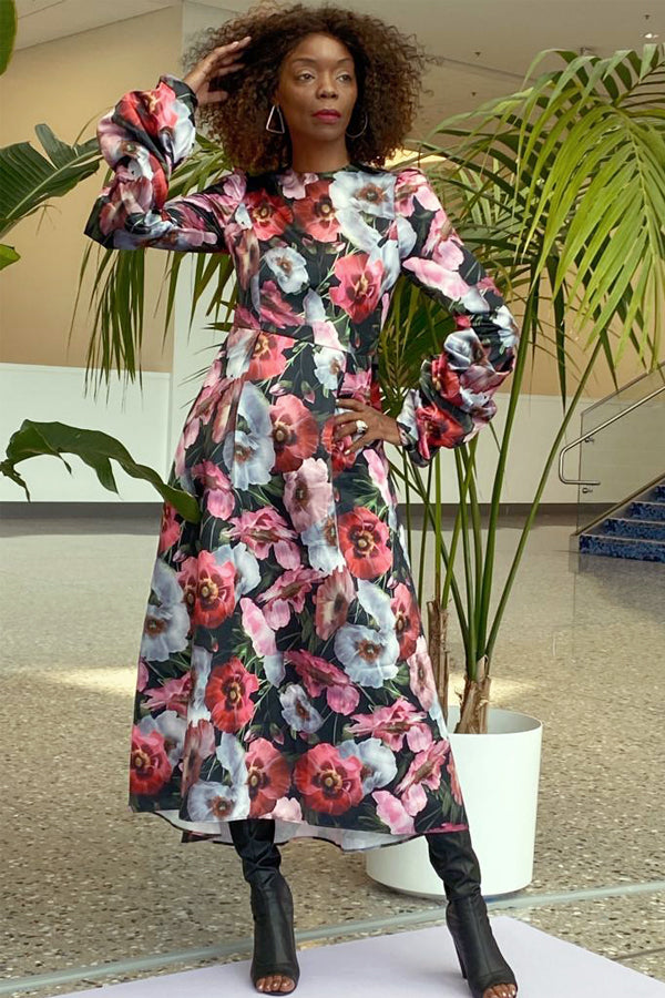 Formal Dresses Long Sleeve Floral Print Pockets Wrap Belt Midi Dress Silver Floral