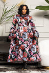 Formal Dresses Long Sleeve Floral Print Pockets Wrap Belt Midi Dress Silver Floral