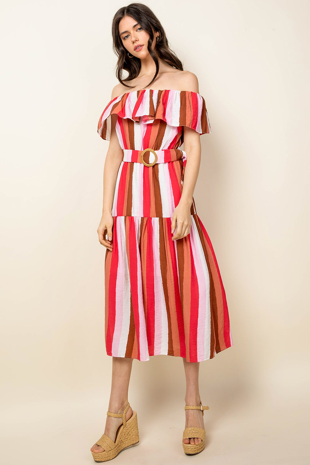 Cocktail Dresses Stripe Off Shoulder Midi Dress Pink