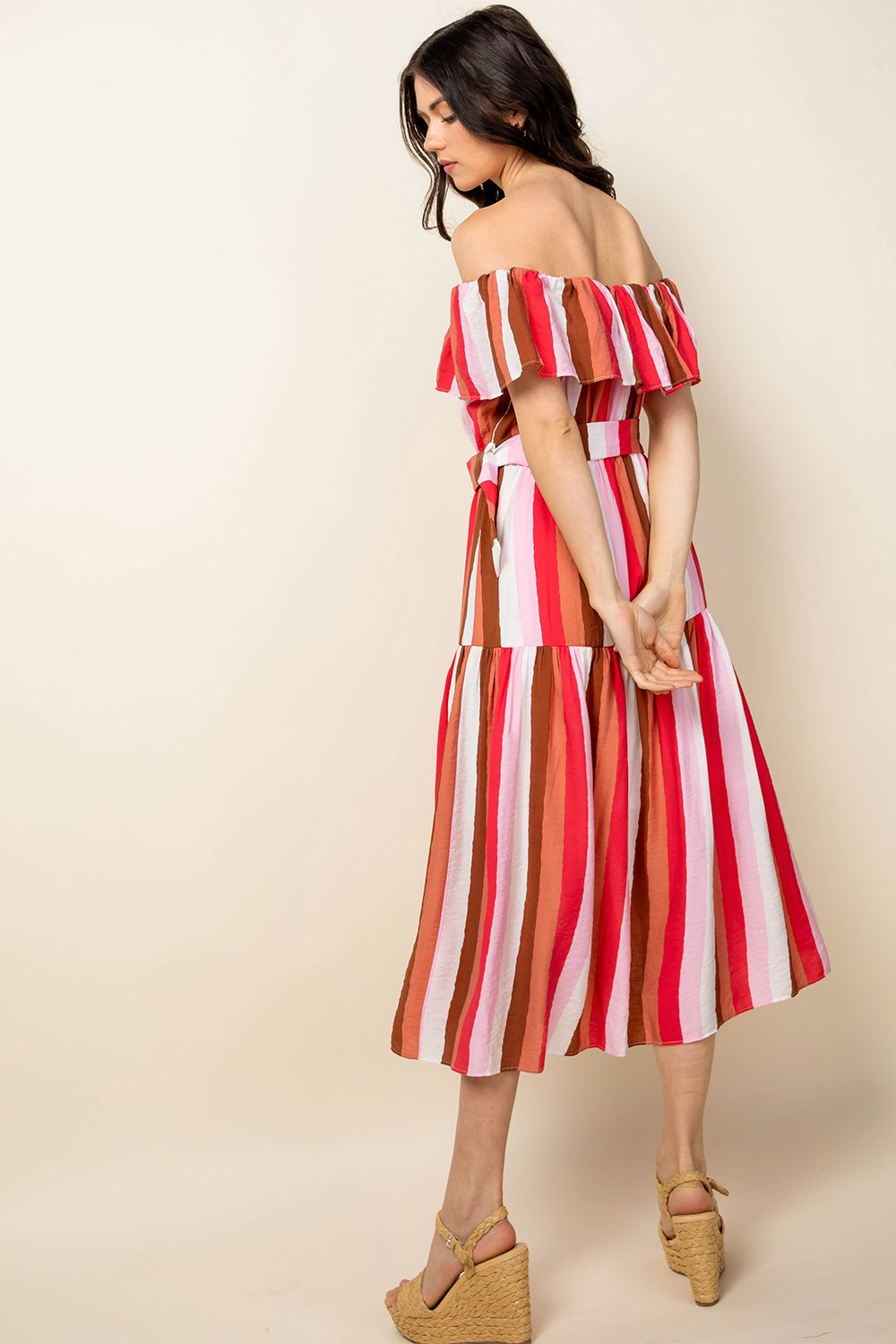 Cocktail Dresses Stripe Off Shoulder Midi Dress Pink