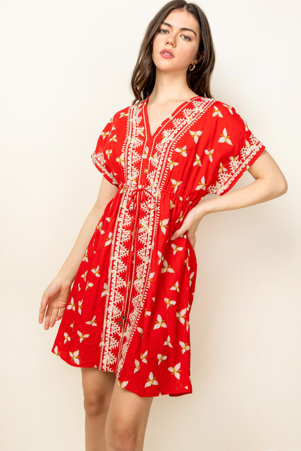 Cocktail Dresses Short Print V Neck Embroidered Dress Red