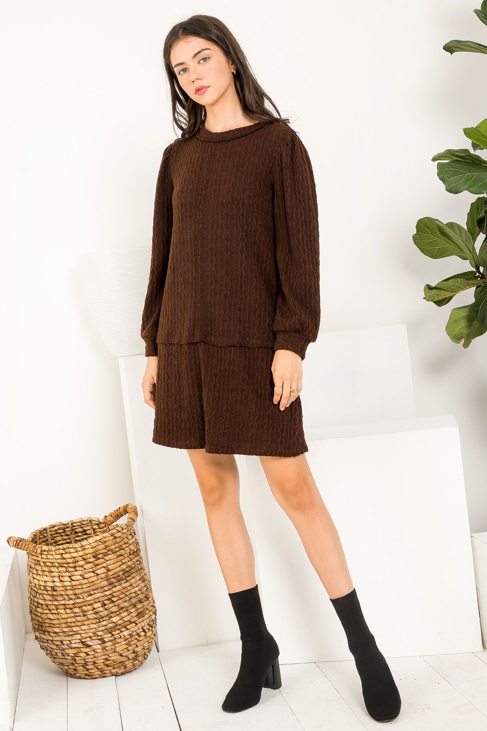 Cocktail Dresses Short Long Sleeve Knit Dress Brown