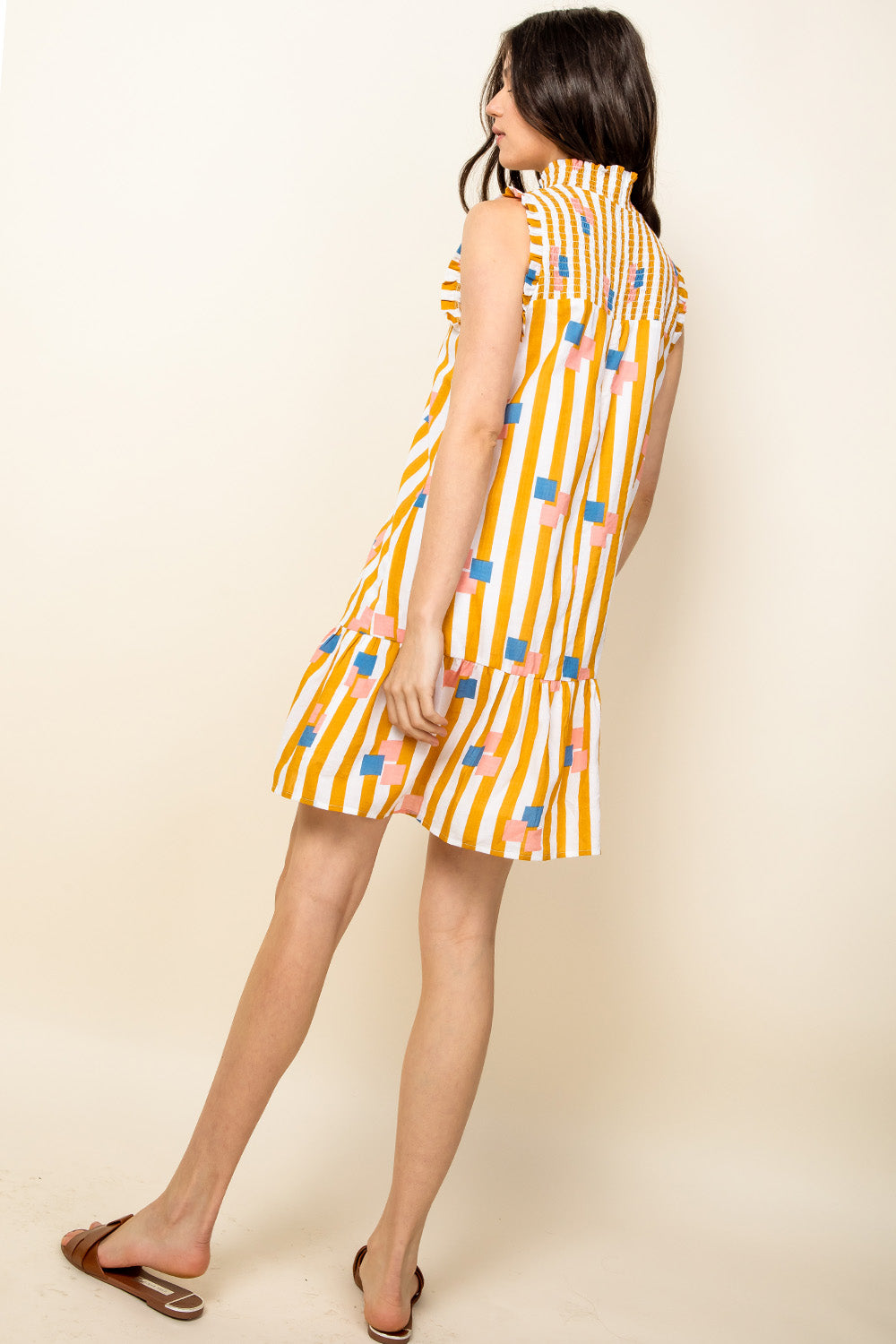 Cocktail Dresses Short Smocked Neck Stripe Dress Mustard