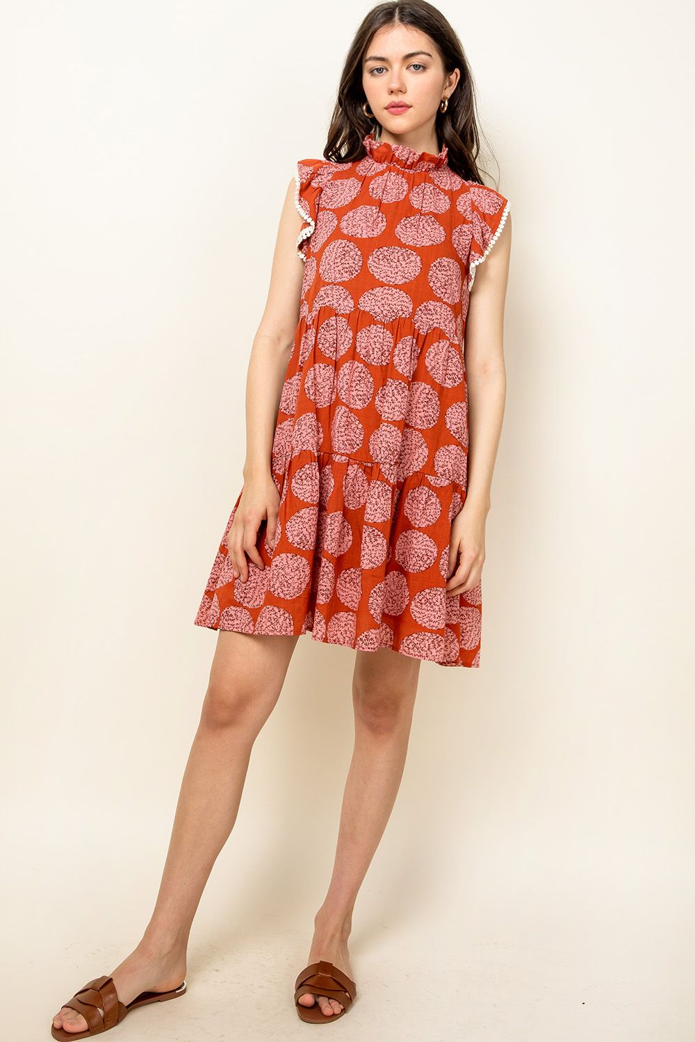 Cocktail Dresses Short Flutter Sleeve Tiered Print Dress Rust