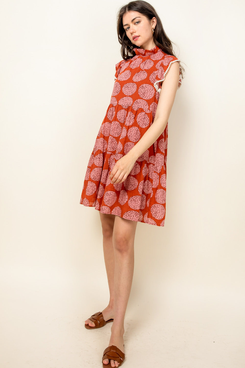 Cocktail Dresses Short Flutter Sleeve Tiered Print Dress Rust