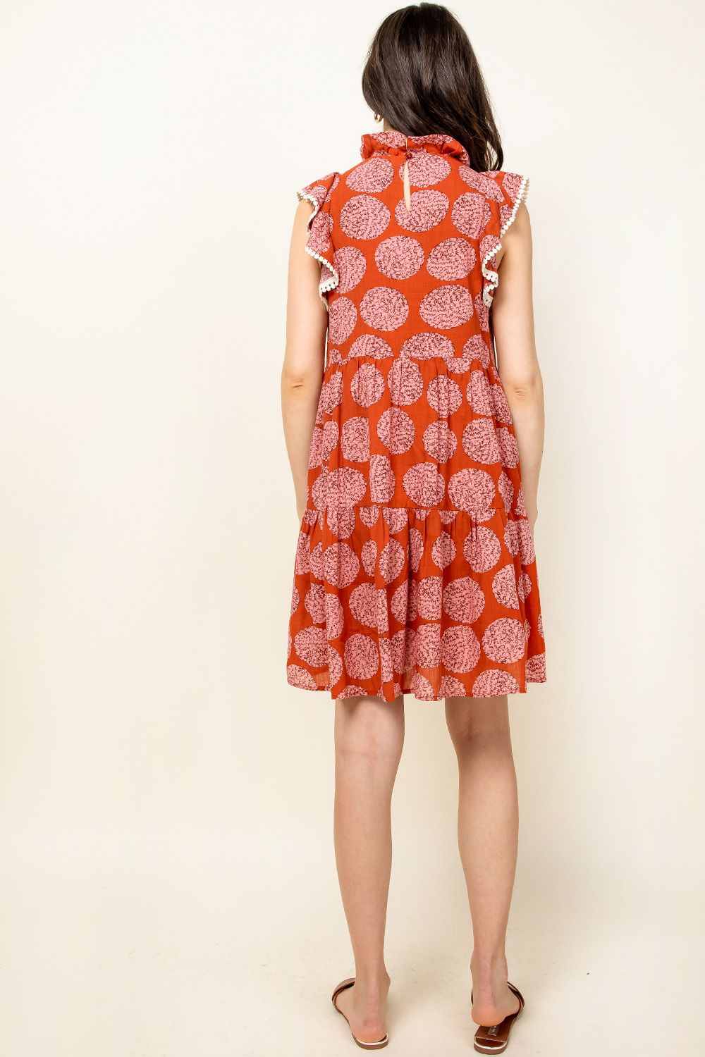 Cocktail Dresses Short Flutter Sleeve Tiered Print Dress Rust