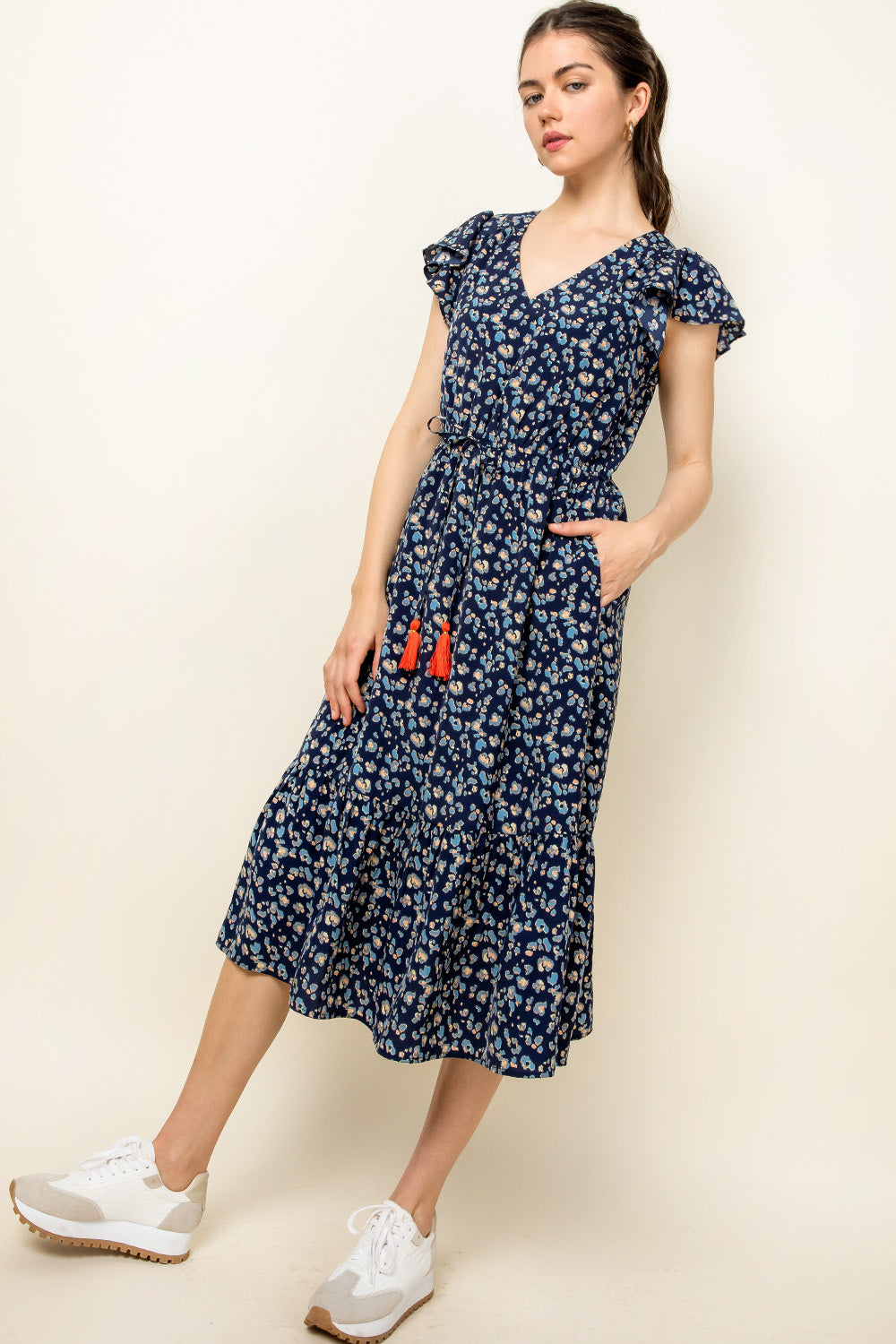 Cocktail Dresses Flutter Sleeve Print Midi Dress Navy