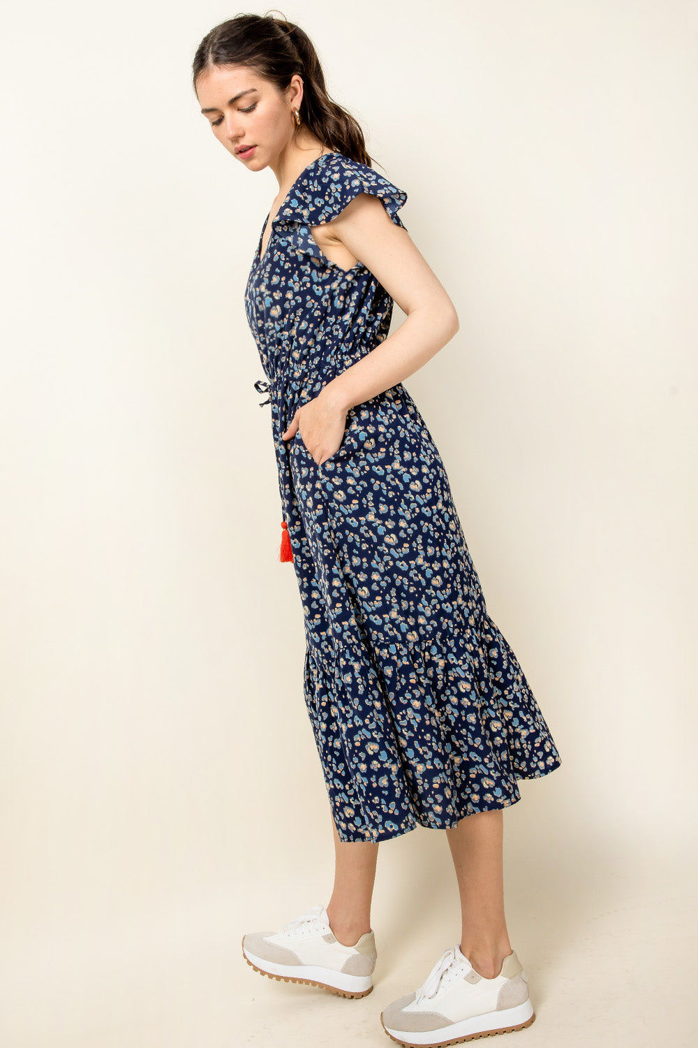 Cocktail Dresses Flutter Sleeve Print Midi Dress Navy