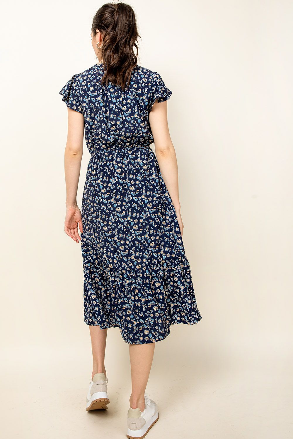 Cocktail Dresses Flutter Sleeve Print Midi Dress Navy