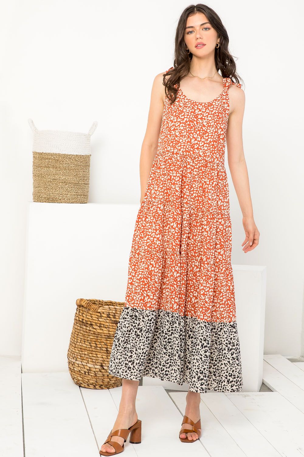 Cocktail Dresses Cheetah Print Tiered Midi Dress Rust