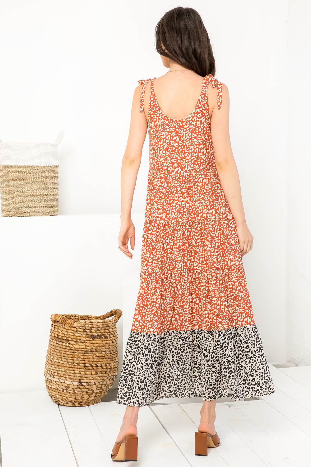 Cocktail Dresses Cheetah Print Tiered Midi Dress Rust