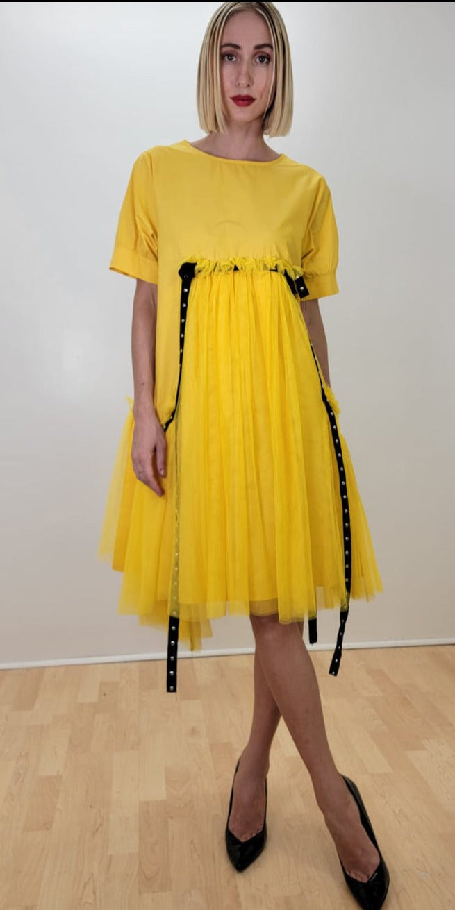 Cocktail Dresses Short Sleeve Tulle Semi Formal Dress Yellow