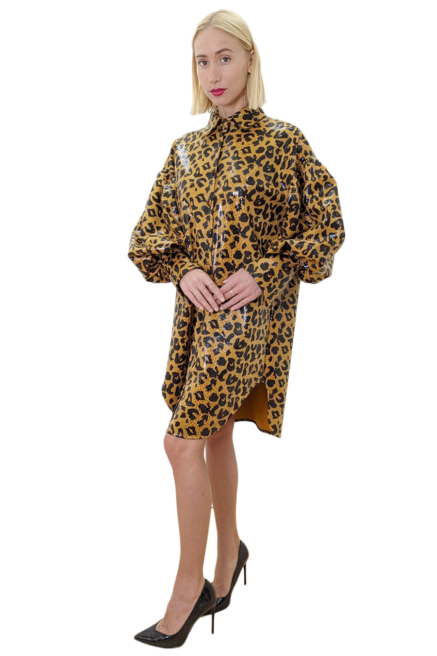 Cocktail Dresses Long Sleeve Leopard Snakeskin Leather Button Down Dress Leopard