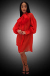 Cocktail Dresses Long Sleeve Button Down Bow Sheer Short Dress Red