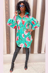 Cocktail Dresses Long Sleeve Floral Print Collared Short Dress Mint Floral