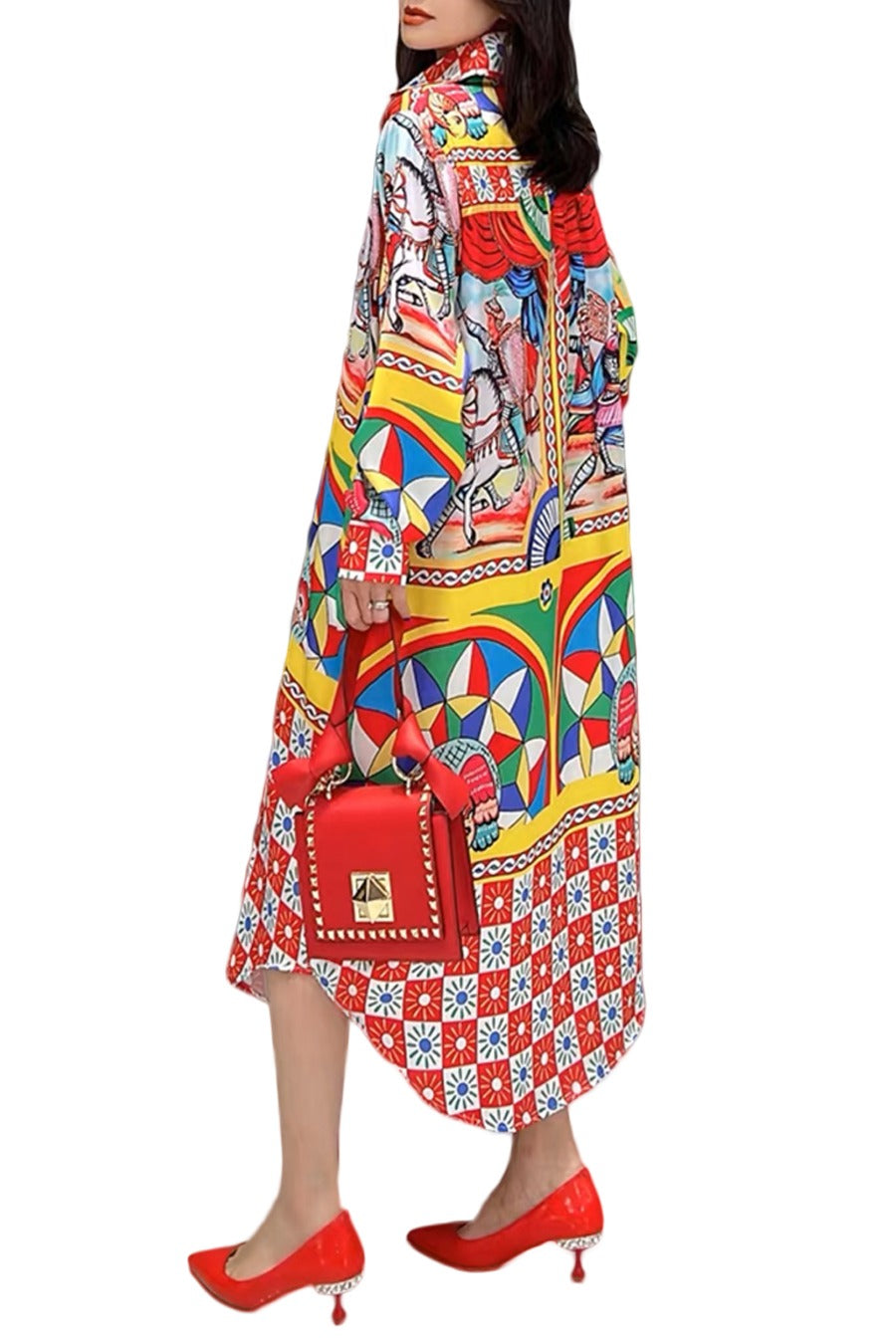 Cocktail Dresses Long Sleeve Parabola Cut Horse Printed Midi Dress Red