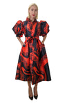 Formal Dresses Puff Sleeve Button Down Collared Wrap belt Midi Dress Red Black