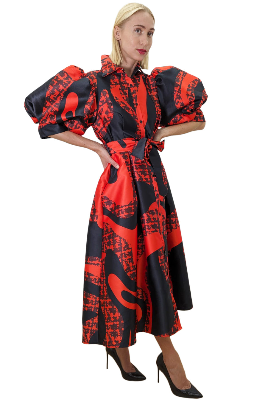 Formal Dresses Puff Sleeve Button Down Collared Wrap belt Midi Dress Red Black