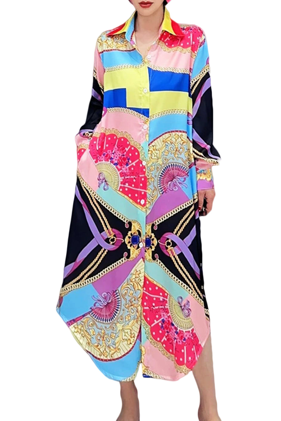 Formal Dresses Long Sleeve Button Down Fan Print Midi Dress Multi