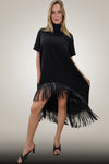 Cocktail Dresses Short Sleeve Leather Fringe High Low Dress  Black