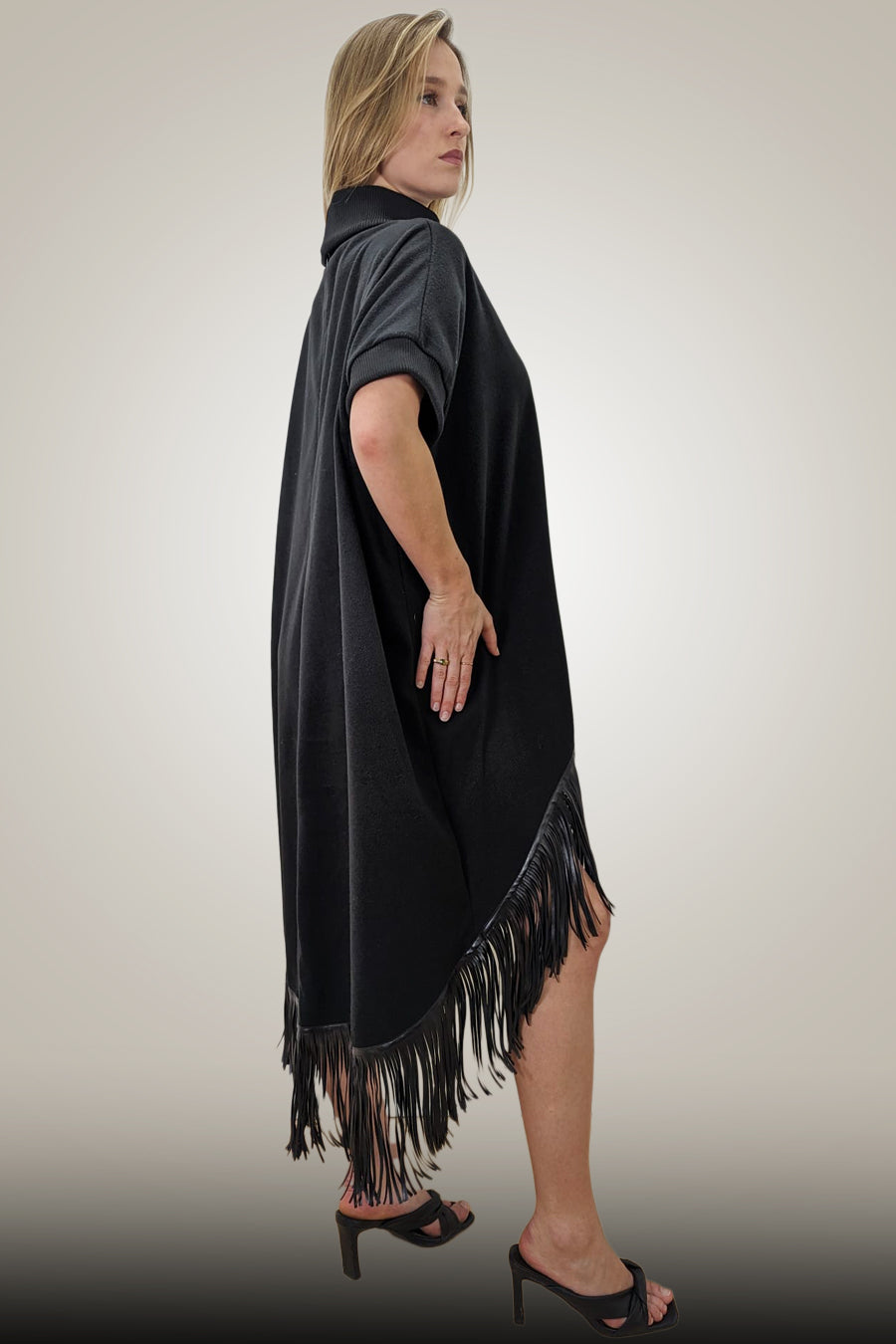 Cocktail Dresses Short Sleeve Leather Fringe High Low Dress  Black