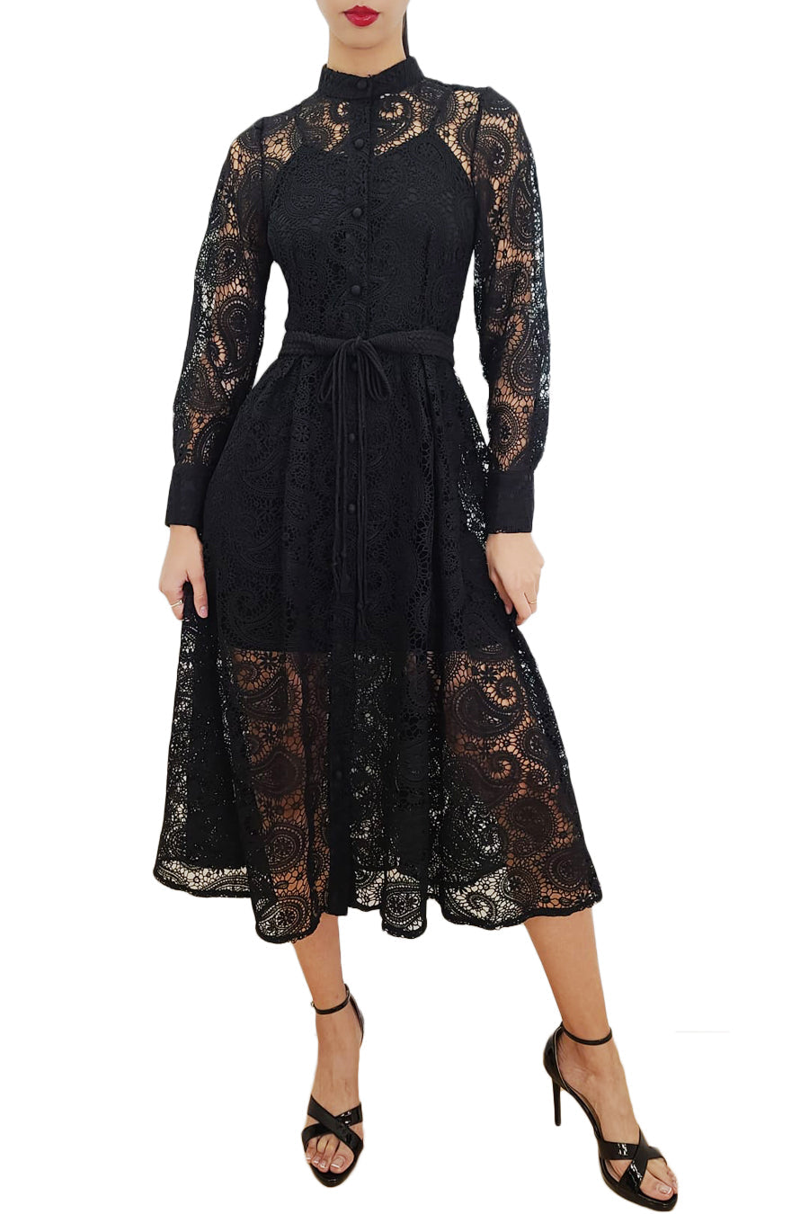 Formal Dresses Long Sleeve Button Down Tassel Belt Lace Midi Dress Black