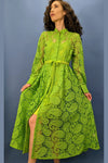 Formal Dresses Long Sleeve Button Down Tassel Belt Lace Midi Dress Green