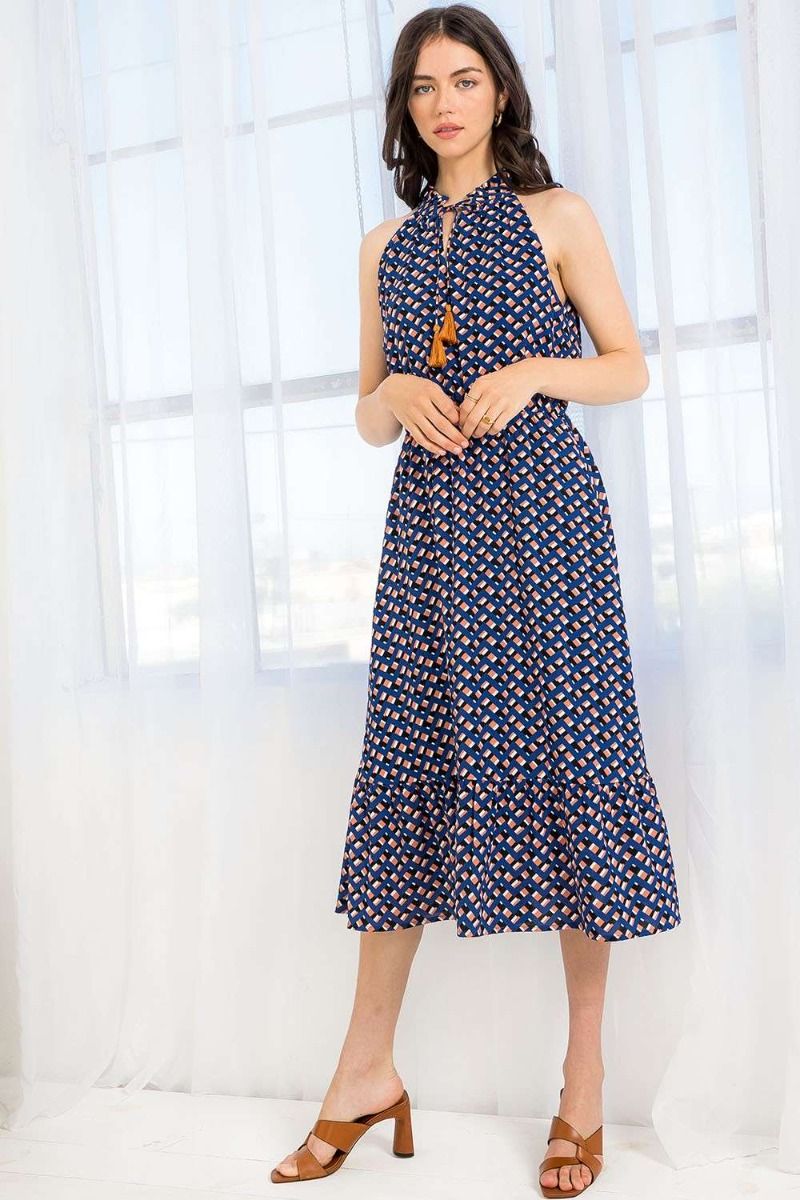 Cocktail Dresses Halter Tassel Tie Printed Midi Dress Blue