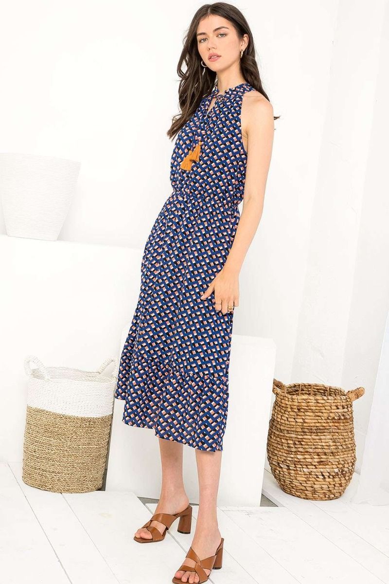 Cocktail Dresses Halter Tassel Tie Printed Midi Dress Blue