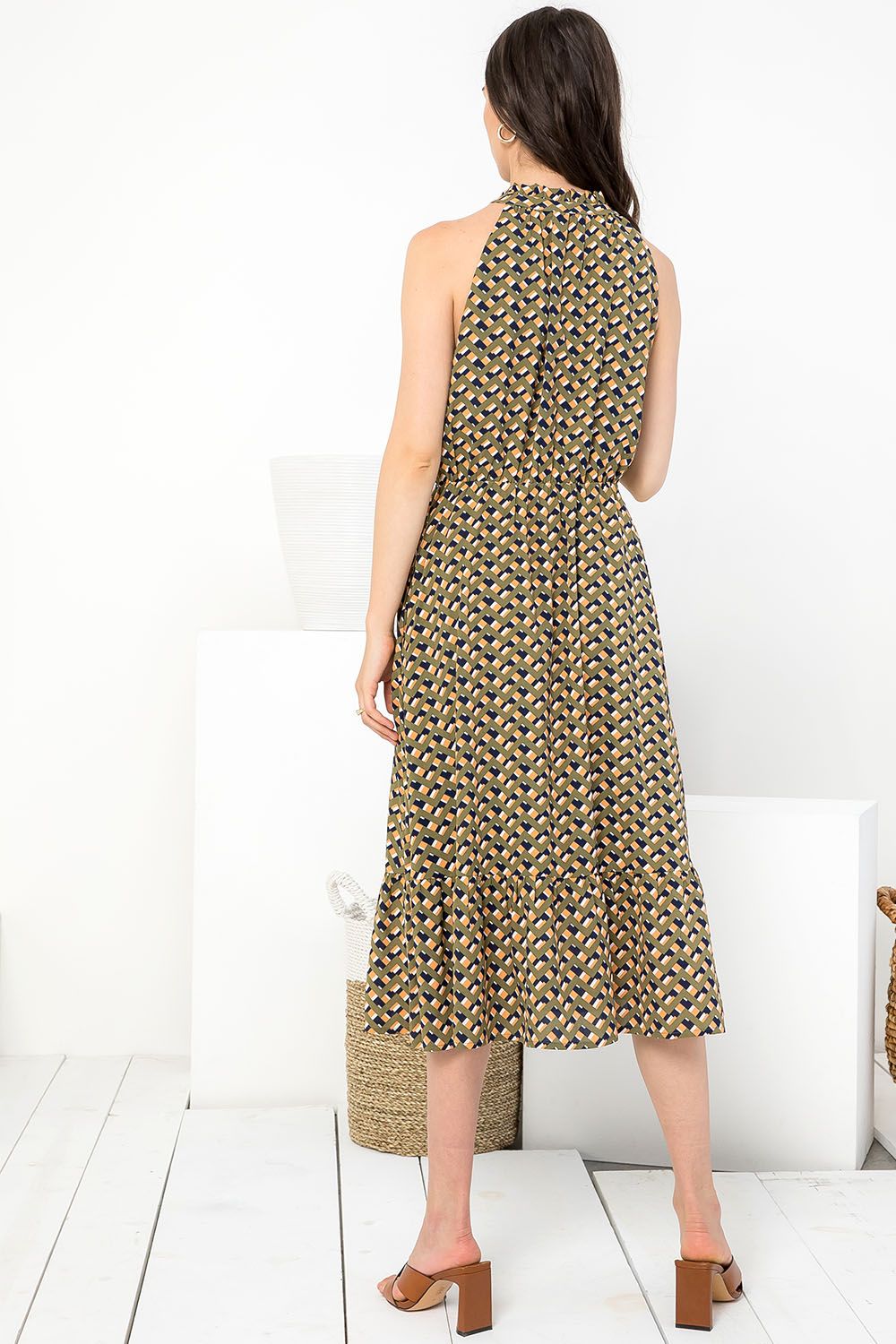 Cocktail Dresses Halter Tassel Tie Printed Midi Dress Olive