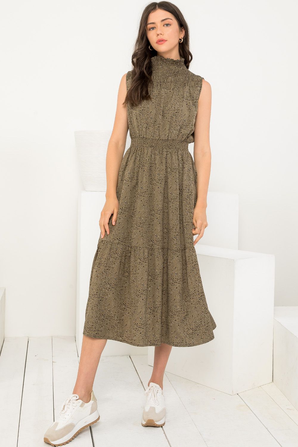 Cocktail Dresses Smocked Sleeveless Midi Dress Olive