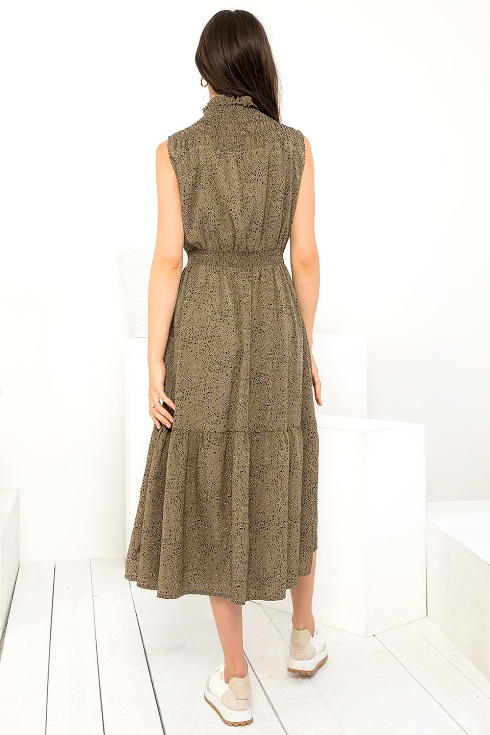 Cocktail Dresses Smocked Sleeveless Midi Dress Olive