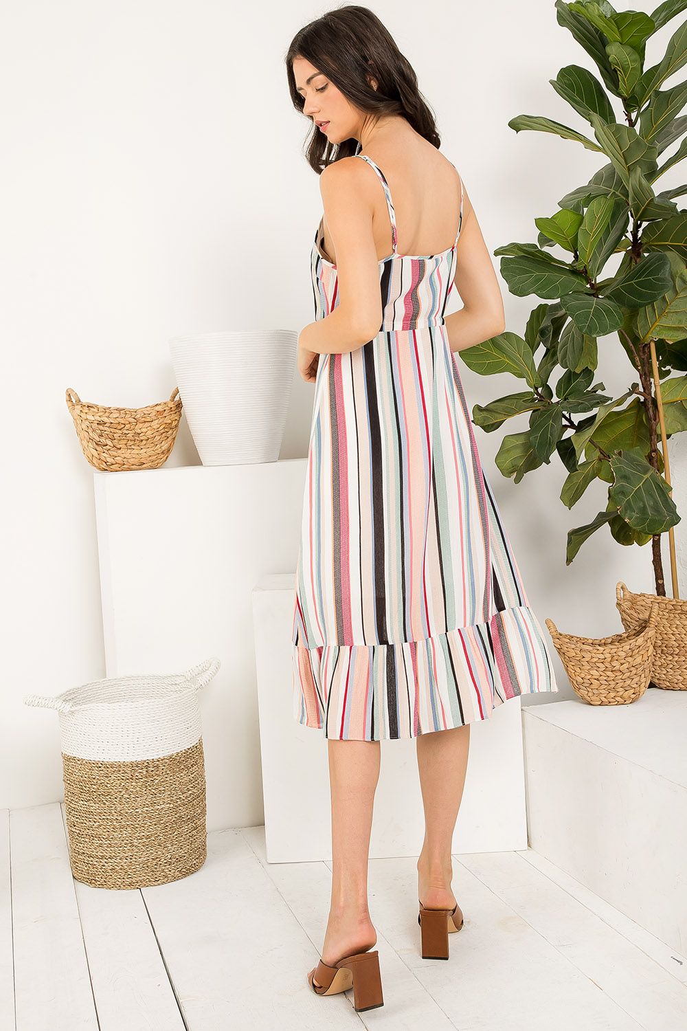 Cocktail Dresses Short Stripe Button Up Spaghetti Strap Dress Beige