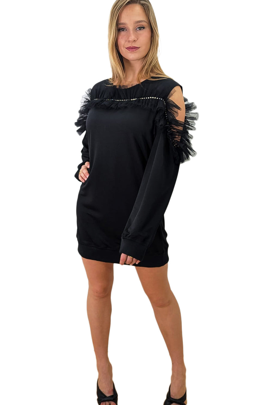 Cocktail Dresses Cold Shoulder Long Sleeve Embellished Short Dress Black