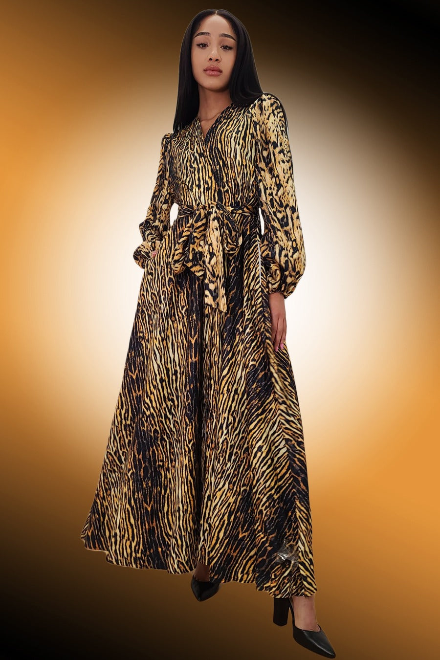 Formal Dresses Long Sleeve Leopard Print Wrap Belt V Neck Dress Multi